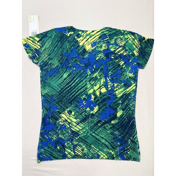 KENAR Blue Green Silk Blend Daphne Knit Top Size M Multicolor Print Short Sleeve - Picture 2 of 10